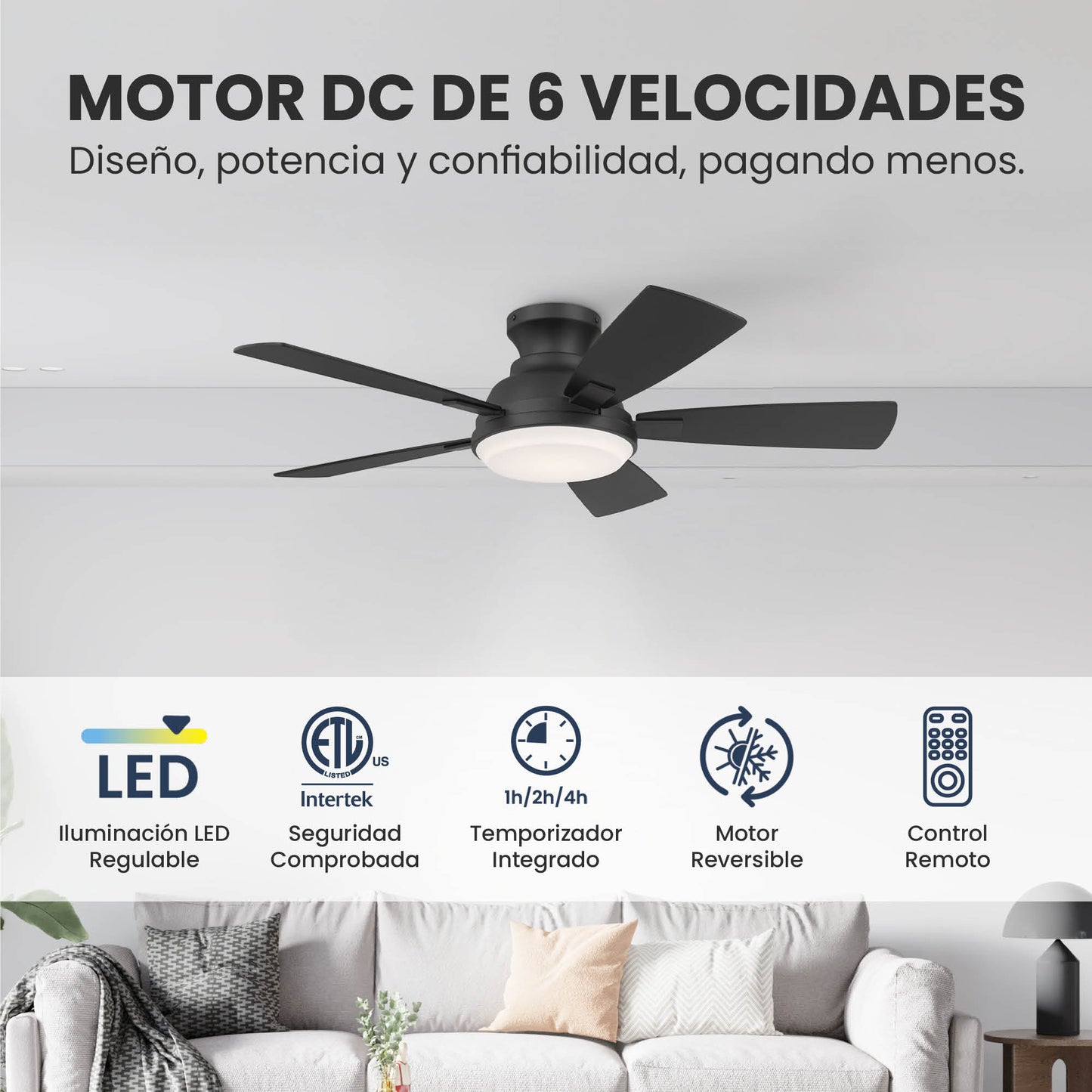 Ventilador de Techo Elevé Comfort M1 Perfil Bajo 5 Aspas 44 Pulgadas - HUNTER FAN