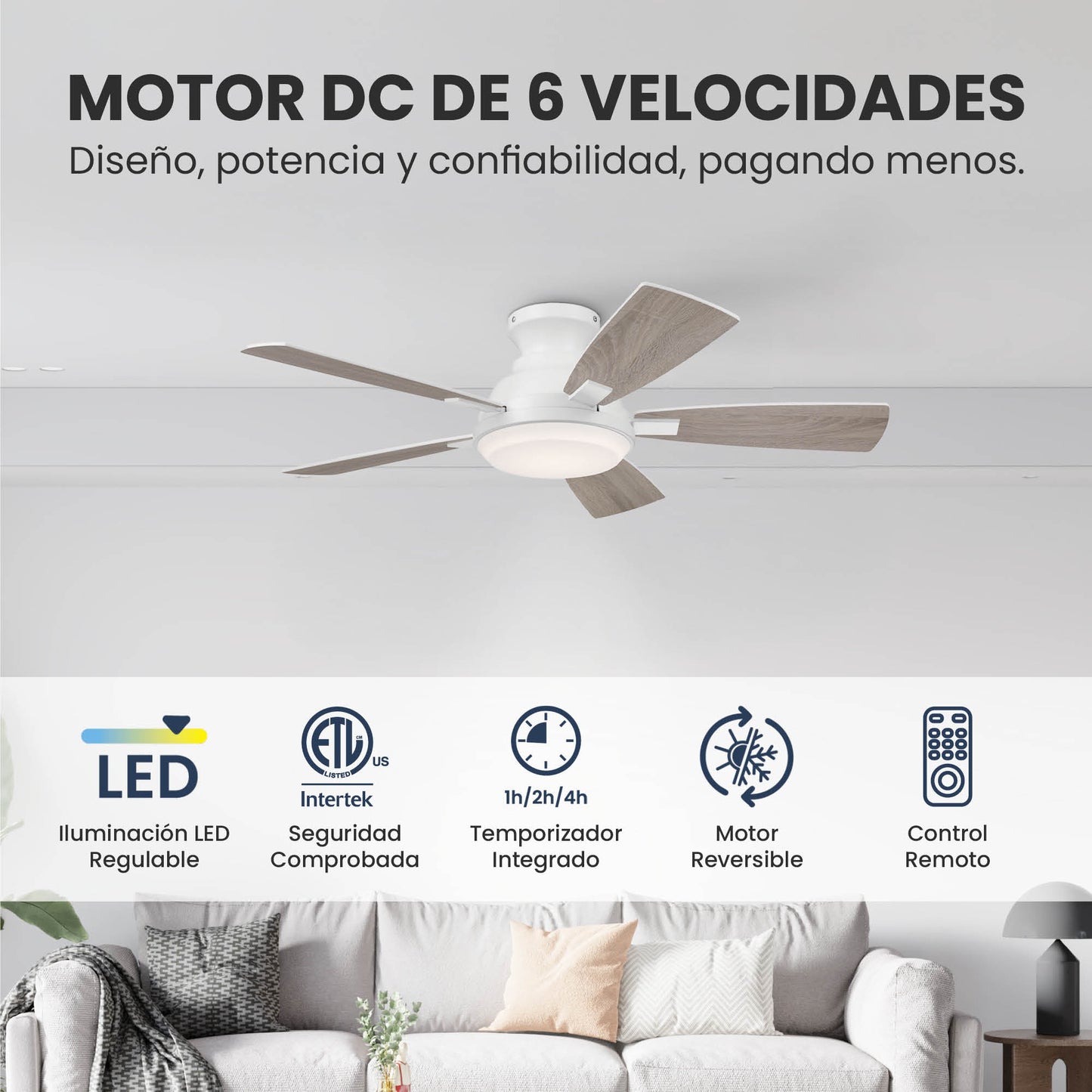 Ventilador de Techo Elevé Comfort M1 Perfil Bajo 5 Aspas 44 Pulgadas - HUNTER FAN