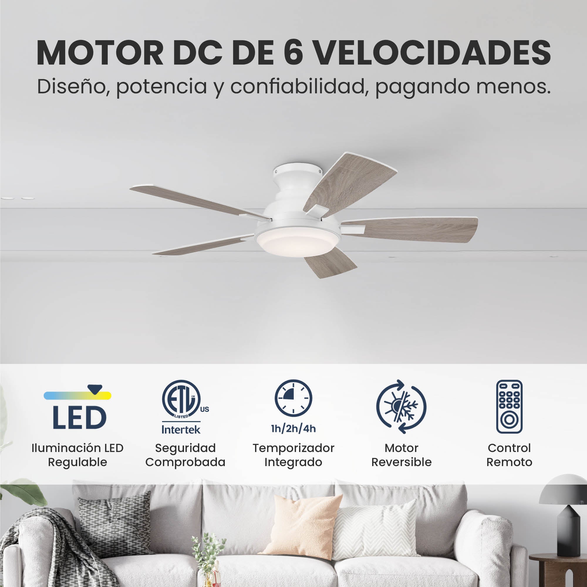Ventilador de Techo Elevé Comfort M1 Perfil Bajo 5 Aspas 44 Pulgadas - HUNTER FAN