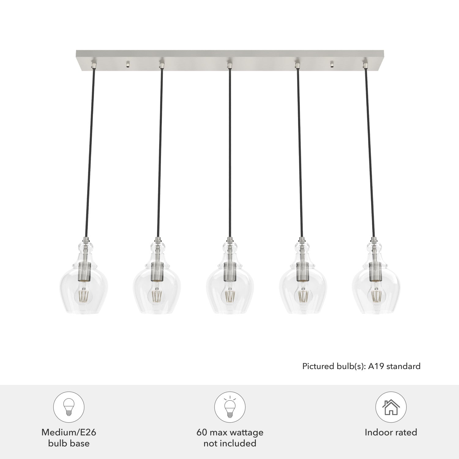 candelabro maple park 5 luces linear lighting hunter brushed nickel - clear| 4